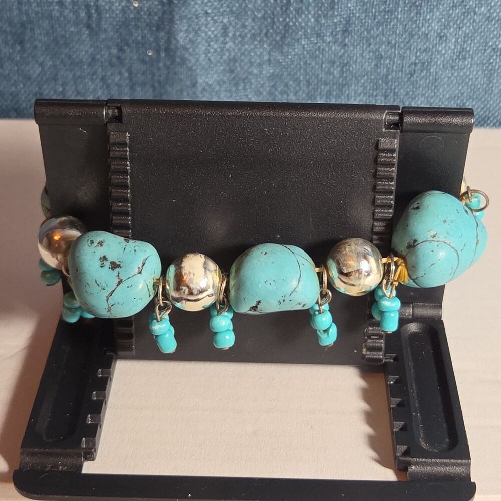 Chunky Faux Turquoise Silver Tone Stretch Bracelet Boho Y2K NWOT - Picture 6 of 16